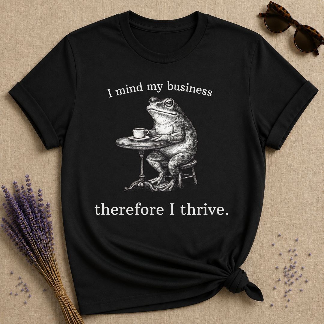 I Mind My Business Therefore I Thrive — Washed Out Frog Vintage T-Shirt for Women in Black