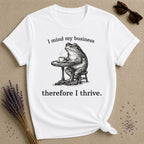 I Mind My Business Therefore I Thrive — Washed Out Frog Vintage T-Shirt for Women in White
