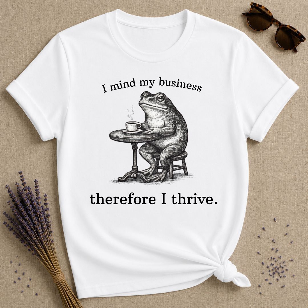 I Mind My Business Therefore I Thrive — Washed Out Frog Vintage T-Shirt for Women in White