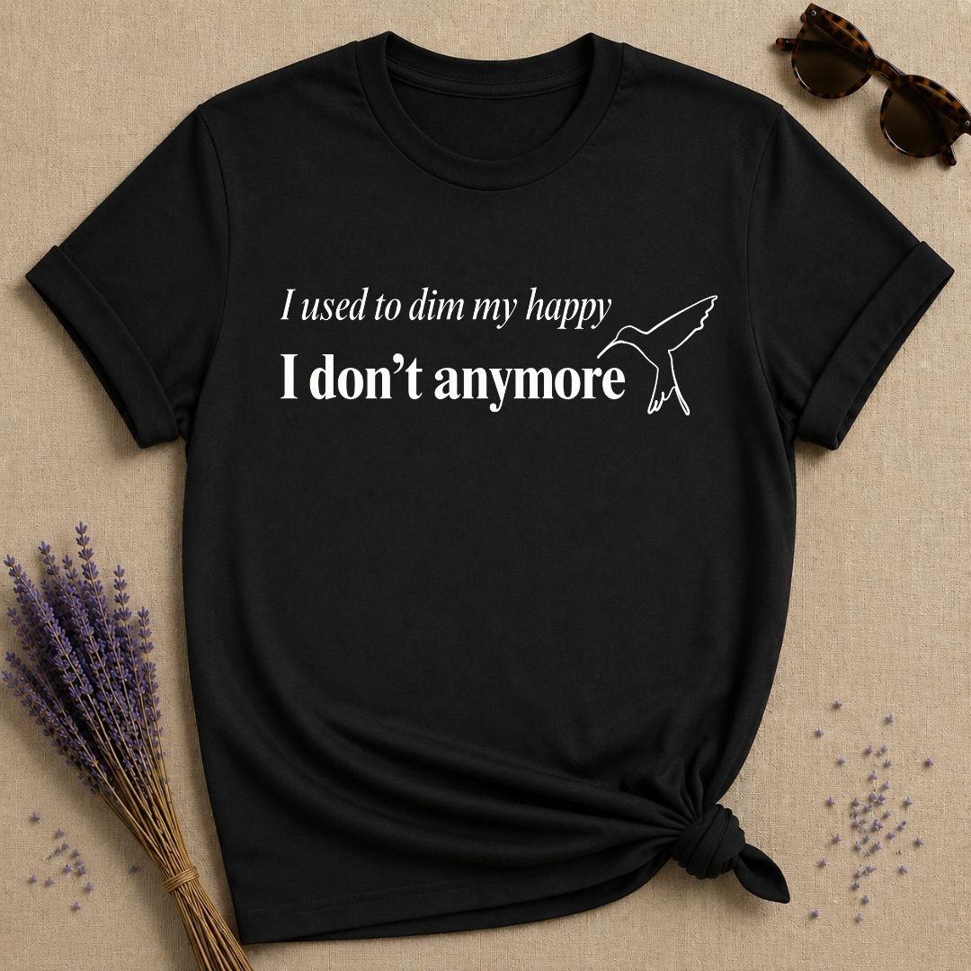I Used to Dim My Happy, I Don't Anymore — Line Art Crane T-Shirt for Women in Black