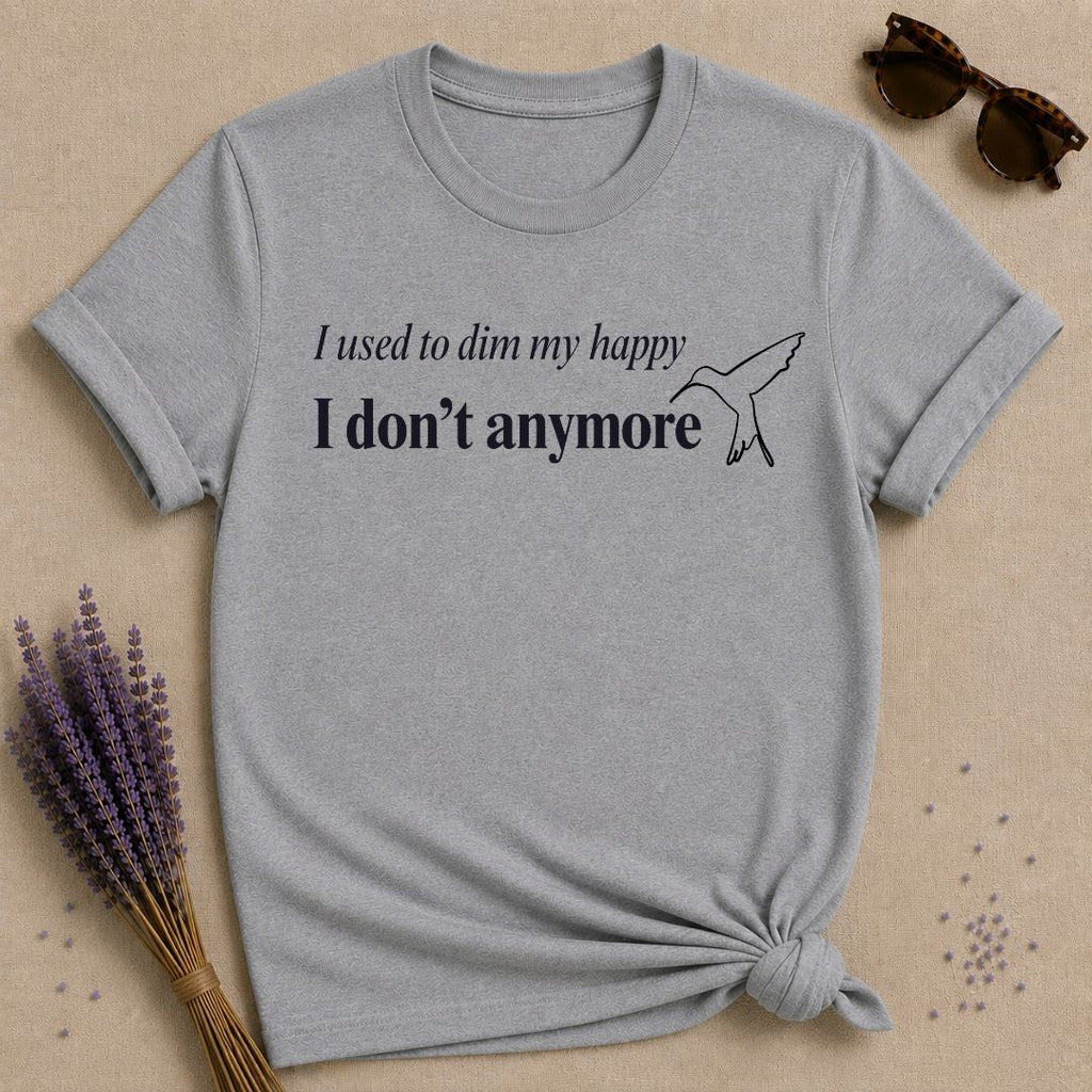 I Used to Dim My Happy, I Don't Anymore — Line Art Crane T-Shirt for Women in Sport Grey