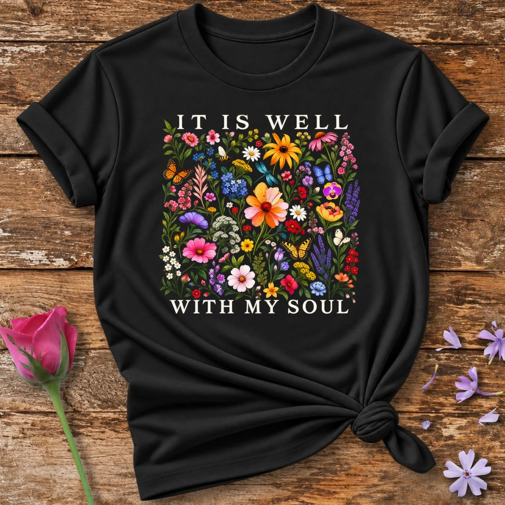 It Is Well With My Soul — Wildflower Meadow T-Shirt for Women in Black