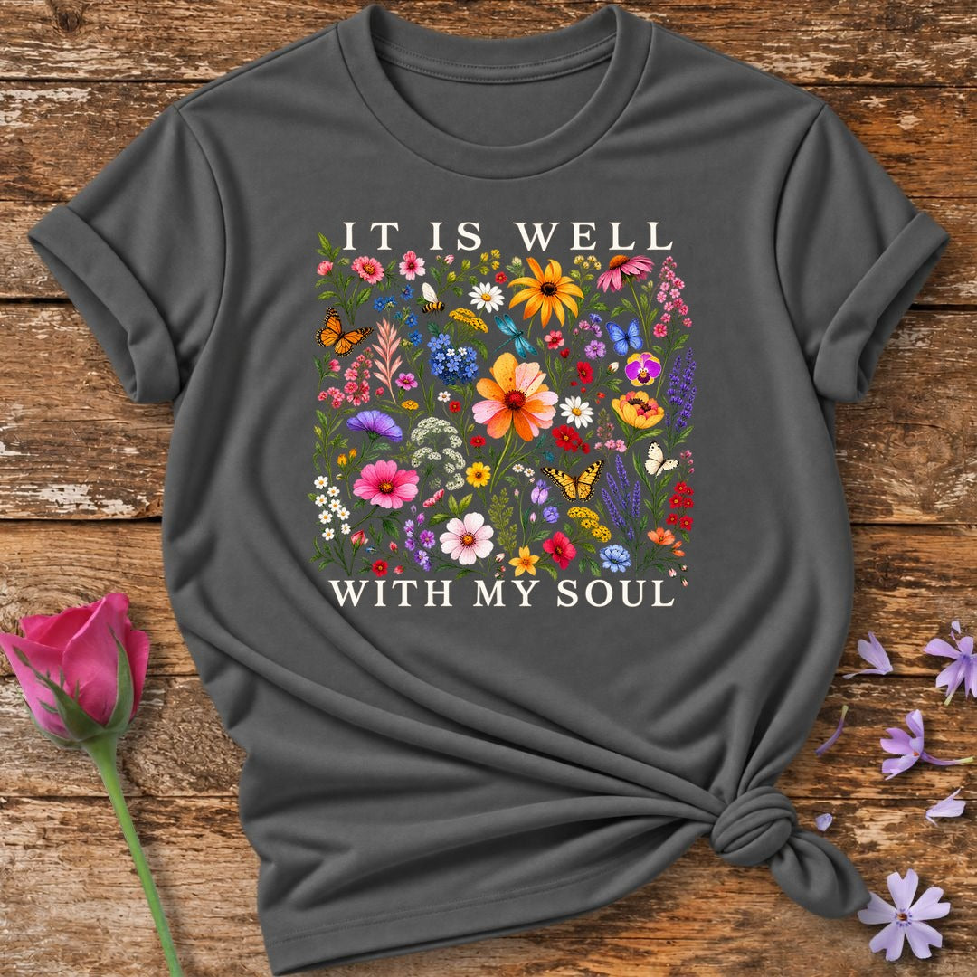 It Is Well With My Soul — Wildflower Meadow T-Shirt for Women in Charcoal