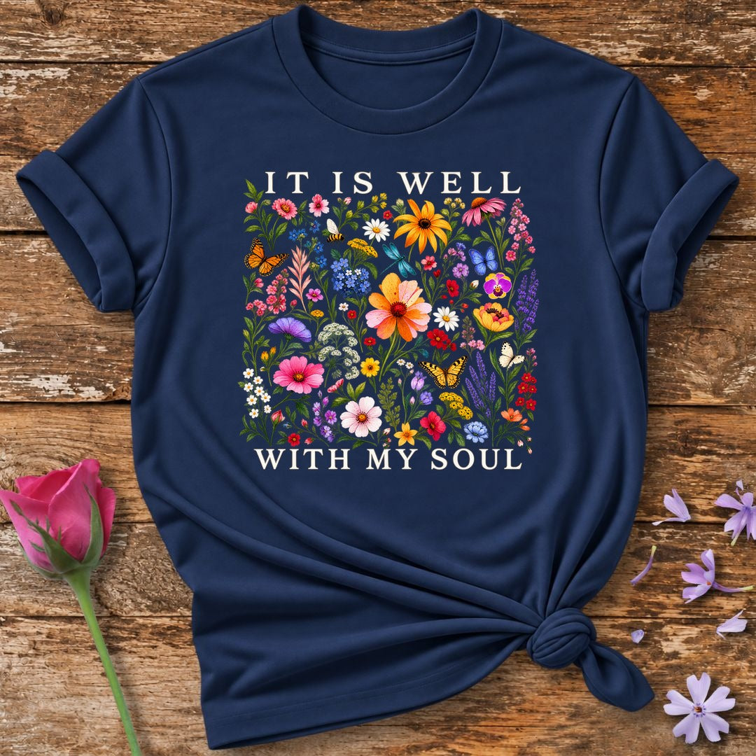 It Is Well With My Soul — Wildflower Meadow T-Shirt for Women in Navy