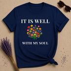 It Is Well With My Soul — Wildflower Botanical Inspirational T-Shirt for Women in Navy