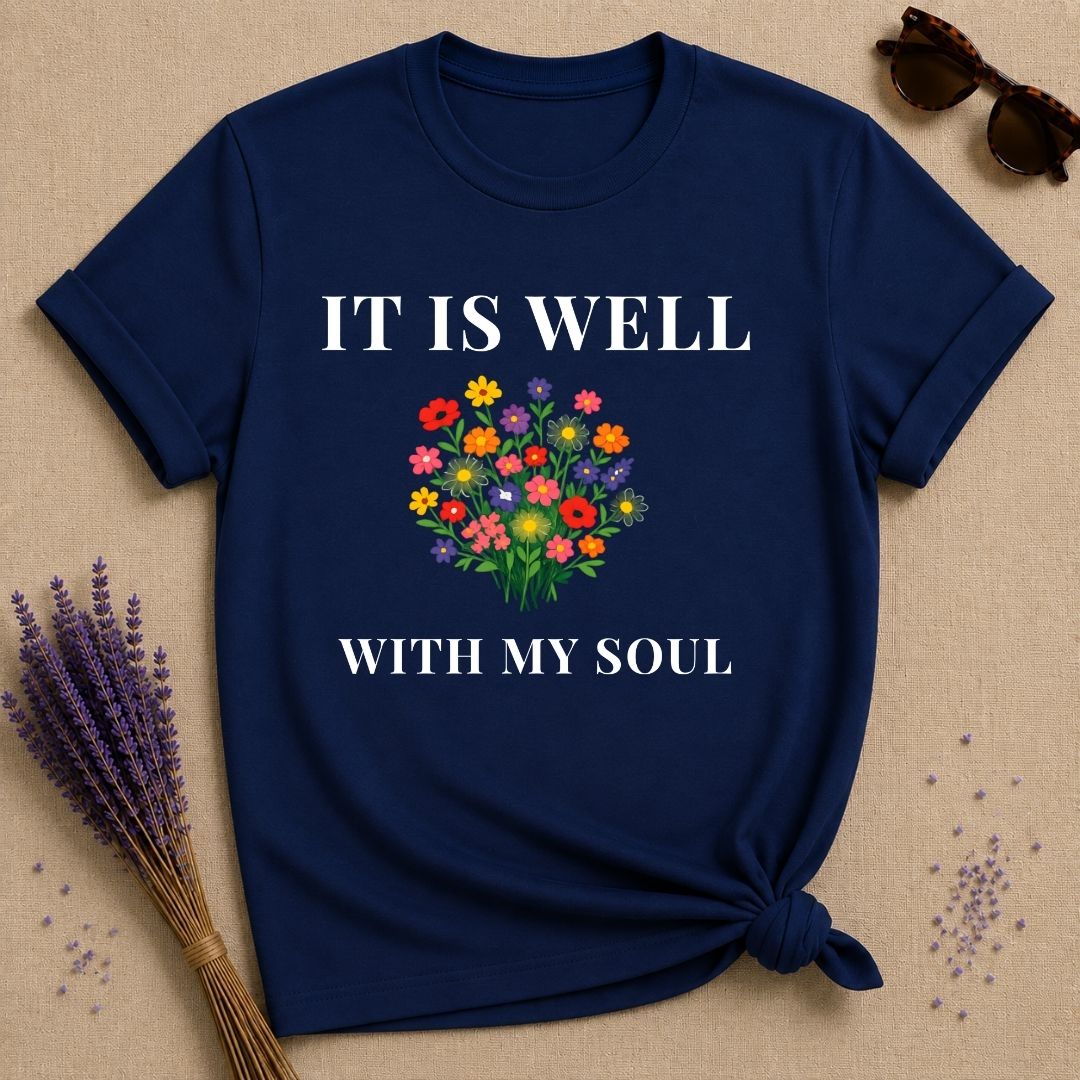 It Is Well With My Soul — Wildflower Botanical Inspirational T-Shirt for Women in Navy