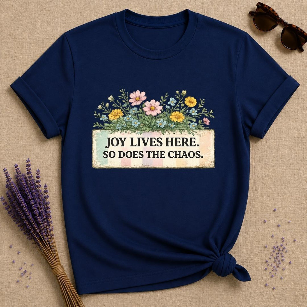 Joy Lives Here. So Does the Chaos. — Wildflower Bouquet T-Shirt for Women in Navy