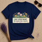 Joy Lives Here. So Does the Chaos. — Wildflower Bouquet T-Shirt for Women in Navy