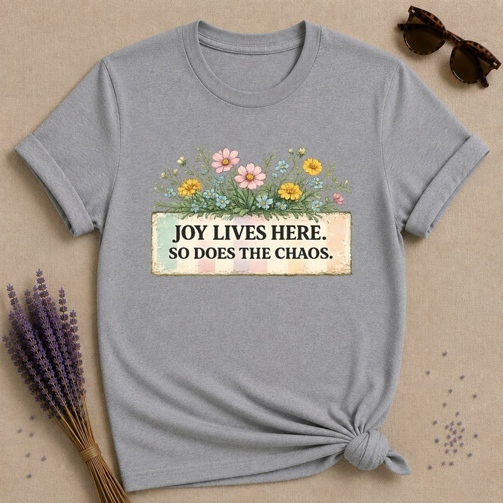 Joy Lives Here. So Does the Chaos. — Wildflower Bouquet T-Shirt for Women in Sport Grey