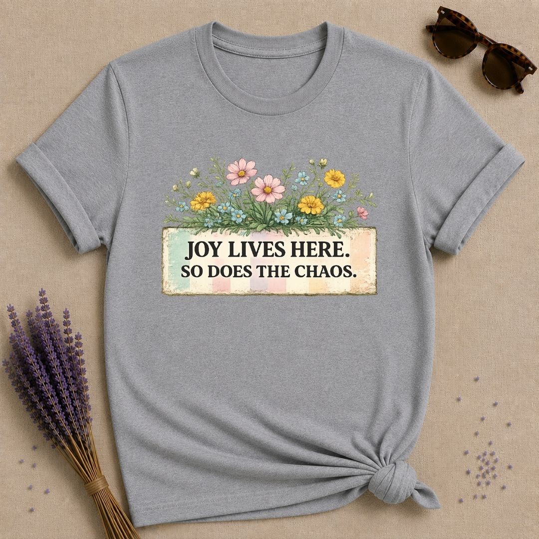 Joy Lives Here. So Does the Chaos. — Wildflower Bouquet T-Shirt for Women in Sport Grey