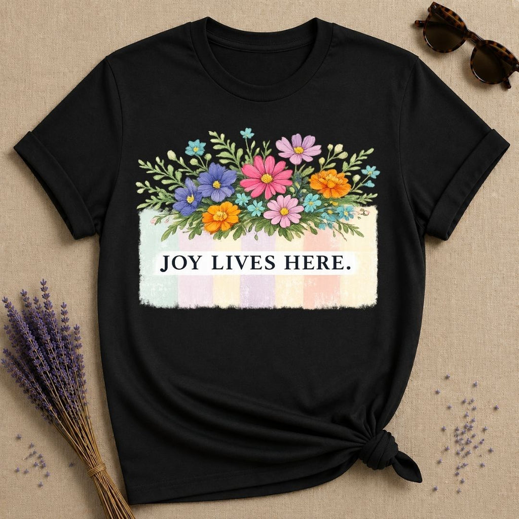 Joy Lives Here — Wildflower Bouquet Pastel Stripe T-Shirt for Women in Black