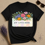 Joy Lives Here — Wildflower Bouquet Pastel Stripe T-Shirt for Women in Black