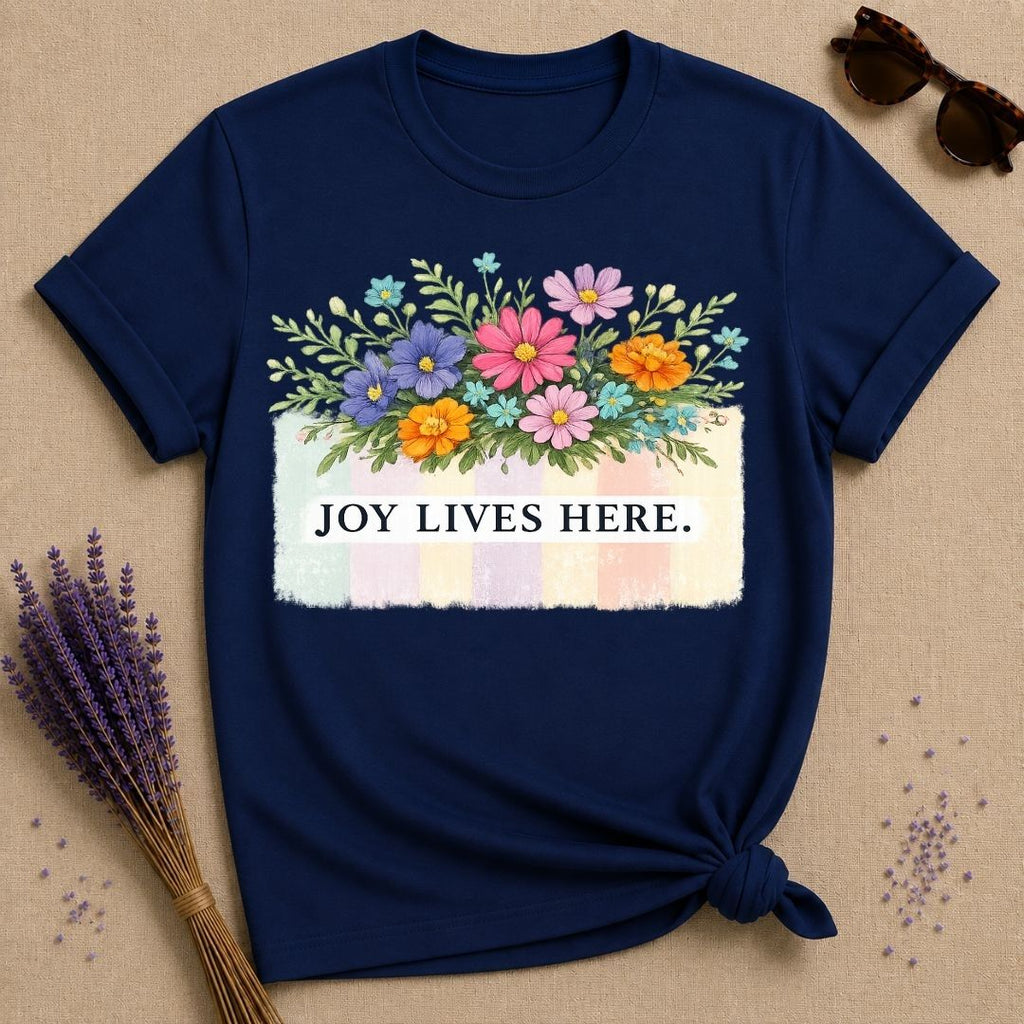 Joy Lives Here — Wildflower Bouquet Pastel Stripe T-Shirt for Women in Navy