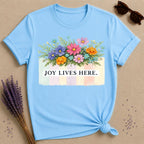Joy Lives Here — Wildflower Bouquet Pastel Stripe T-Shirt for Women in Sky