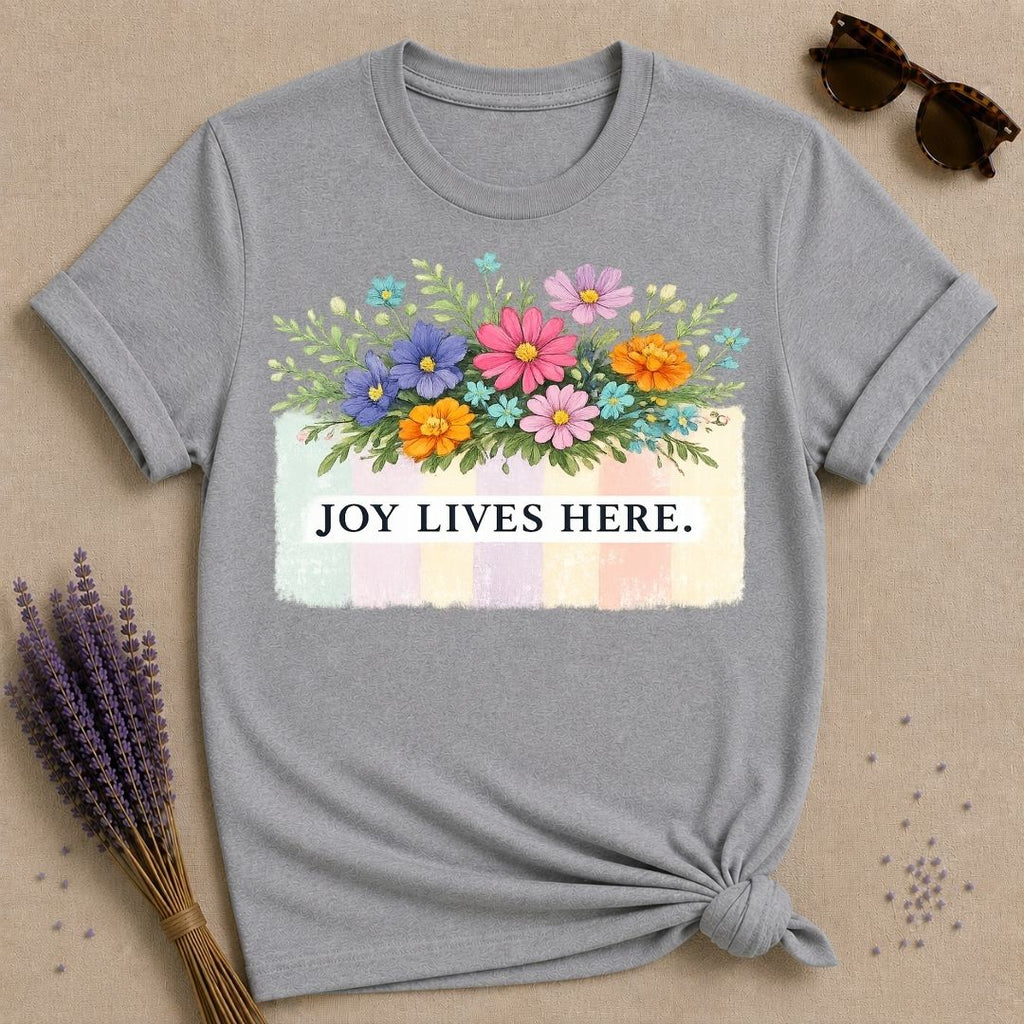 Joy Lives Here — Wildflower Bouquet Pastel Stripe T-Shirt for Women in Sport Grey