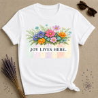 Joy Lives Here — Wildflower Bouquet Pastel Stripe T-Shirt for Women in White