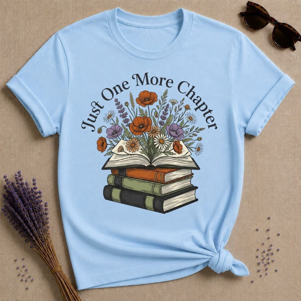 Just One More Chapter botanical reading tee for women