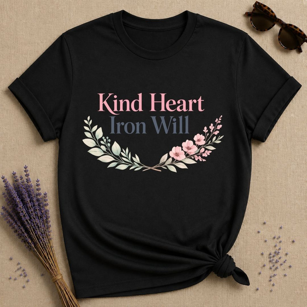 Kind Heart Iron Will — Botanical Floral Empowerment T-Shirt for Women in Black
