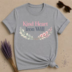 Kind Heart Iron Will — Botanical Floral Empowerment T-Shirt for Women in Sport Grey