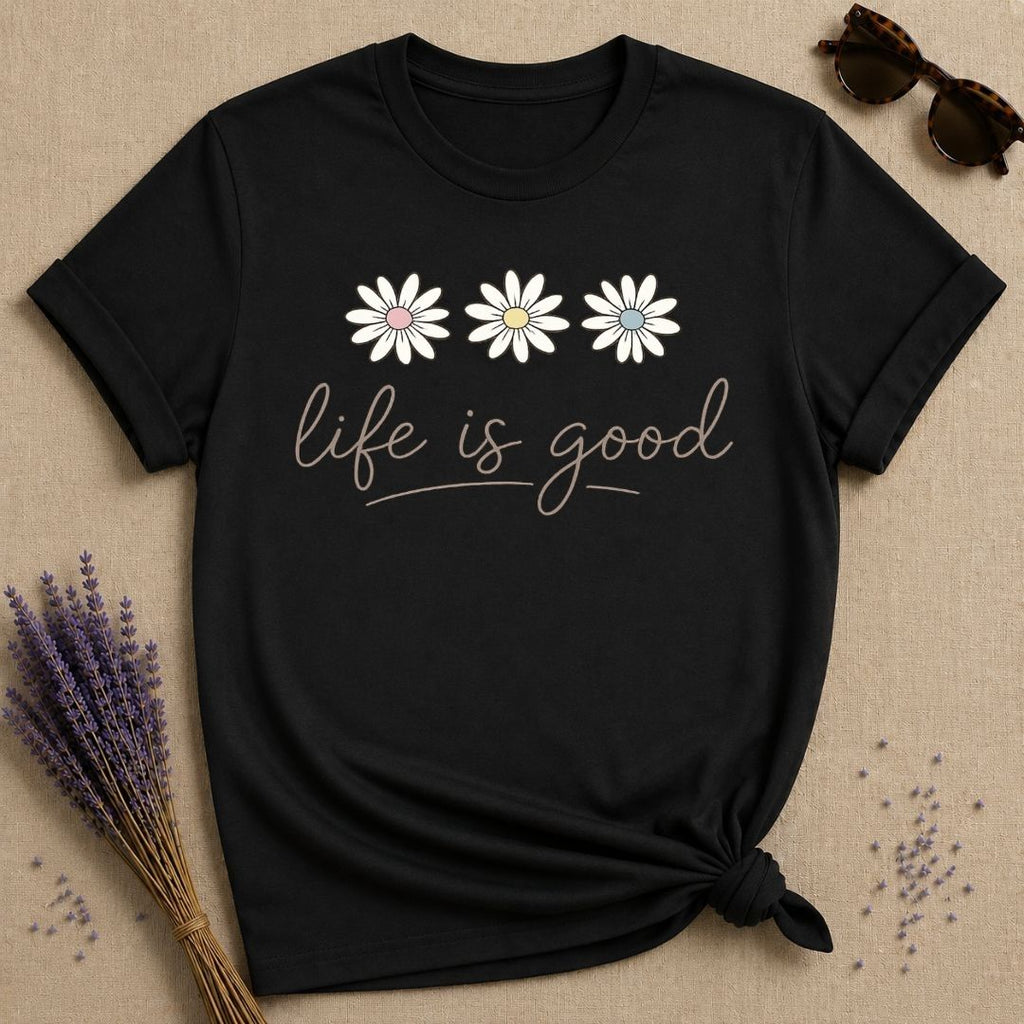 Life Is Good — Daisy Trio Script Typography T-Shirt for Women in Black