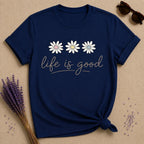 Life Is Good — Daisy Trio Script Typography T-Shirt for Women in Navy