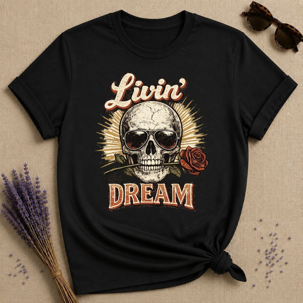 Livin' the Dream — Skull and Rose Vintage T-Shirt for Women in Black