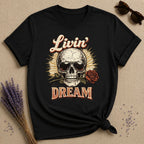 Livin' the Dream — Skull and Rose Vintage T-Shirt for Women in Black