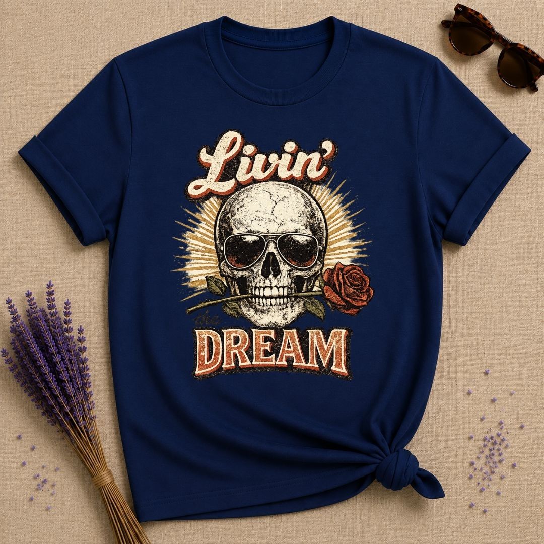 Livin' the Dream — Skull and Rose Vintage T-Shirt for Women in Navy