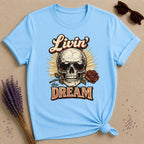 Livin' the Dream — Skull and Rose Vintage T-Shirt for Women in Sky