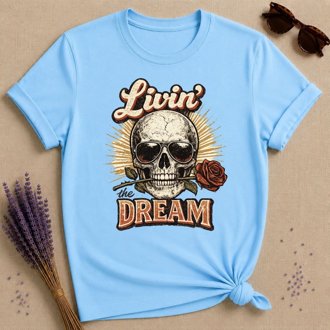 Livin' the Dream — Skull and Rose Vintage T-Shirt for Women in Sky