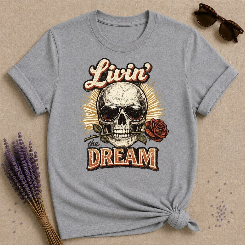 Livin' the Dream — Skull and Rose Vintage T-Shirt for Women in Sport Grey