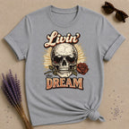 Livin' the Dream — Skull and Rose Vintage T-Shirt for Women in Sport Grey
