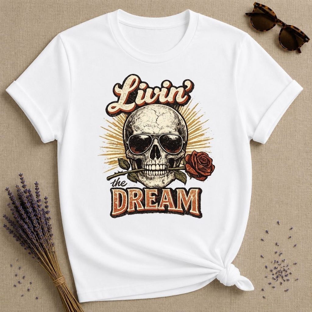 Livin' the Dream — Skull and Rose Vintage T-Shirt for Women in White