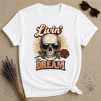 Livin' the Dream — Skull and Rose Vintage T-Shirt for Women in White