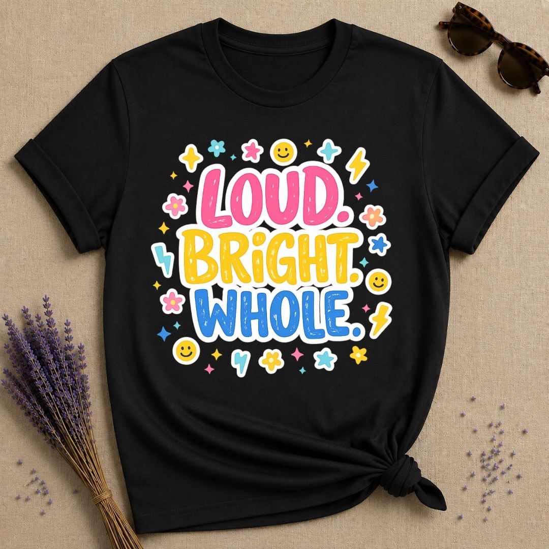Loud Bright Whole — Groovy Y2K Sticker Pop T-Shirt for Women in Black