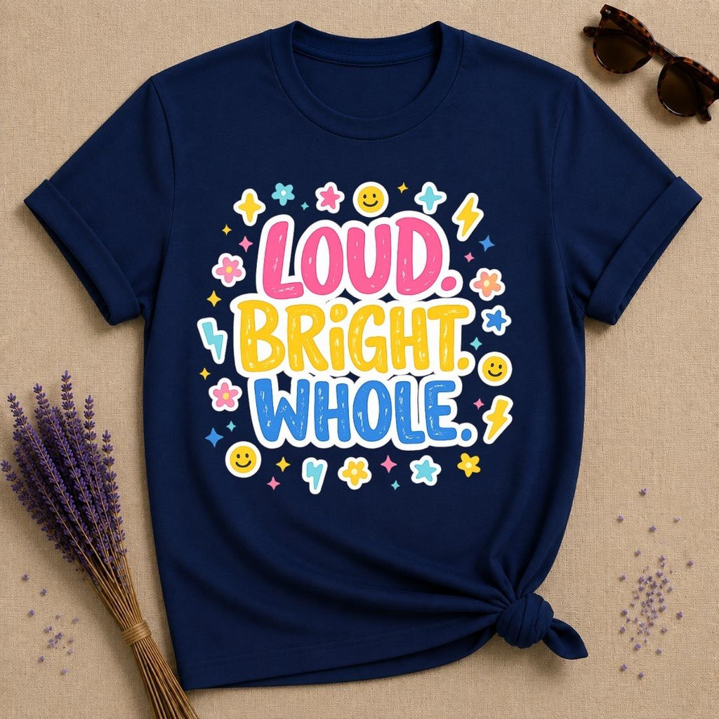 Loud Bright Whole — Groovy Y2K Sticker Pop T-Shirt for Women in Navy