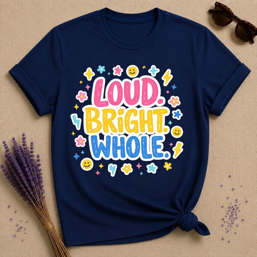 Loud Bright Whole — Groovy Y2K Sticker Pop T-Shirt for Women in Navy