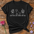Good People Love Flowers And Dogs — White Ink Sketch T-Shirt for Women in Black