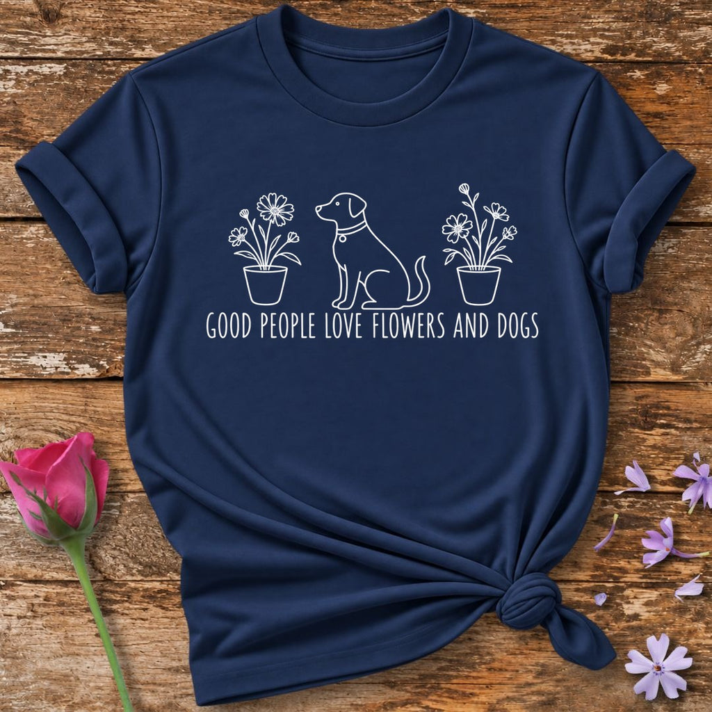 Good People Love Flowers And Dogs — White Ink Sketch T-Shirt for Women in Navy