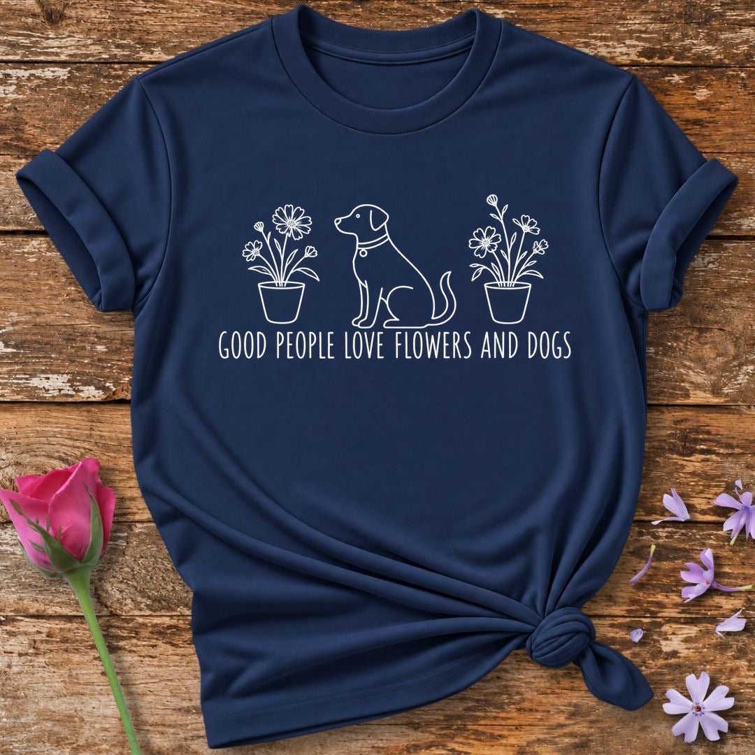 Good People Love Flowers And Dogs — White Ink Sketch T-Shirt for Women in Navy