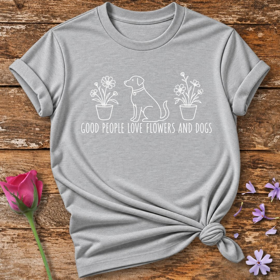 Good People Love Flowers And Dogs — White Ink Sketch T-Shirt for Women in Sport Grey