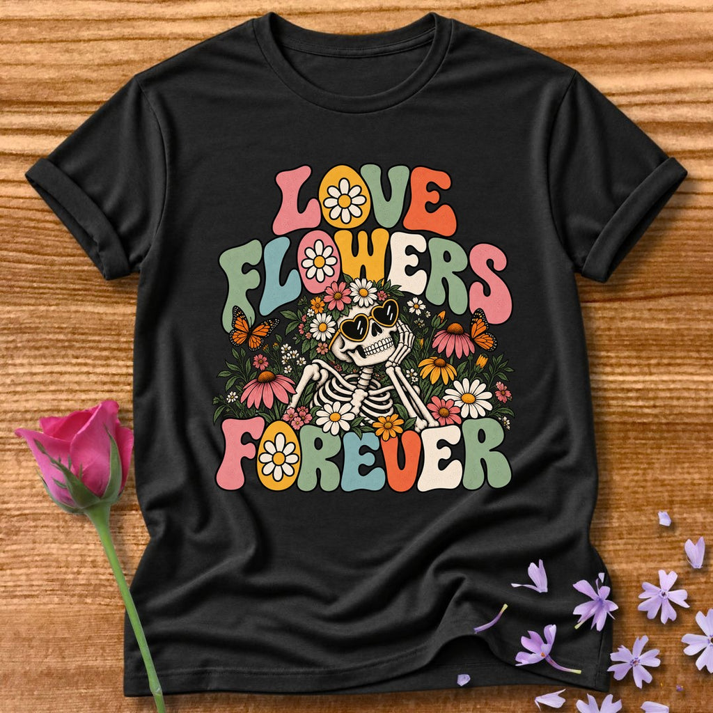 Love Flowers Forever — Retro Groovy Skeleton T-Shirt for Women in Black