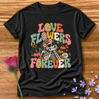Love Flowers Forever — Retro Groovy Skeleton T-Shirt for Women in Black