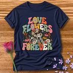 Love Flowers Forever — Retro Groovy Skeleton T-Shirt for Women in Navy
