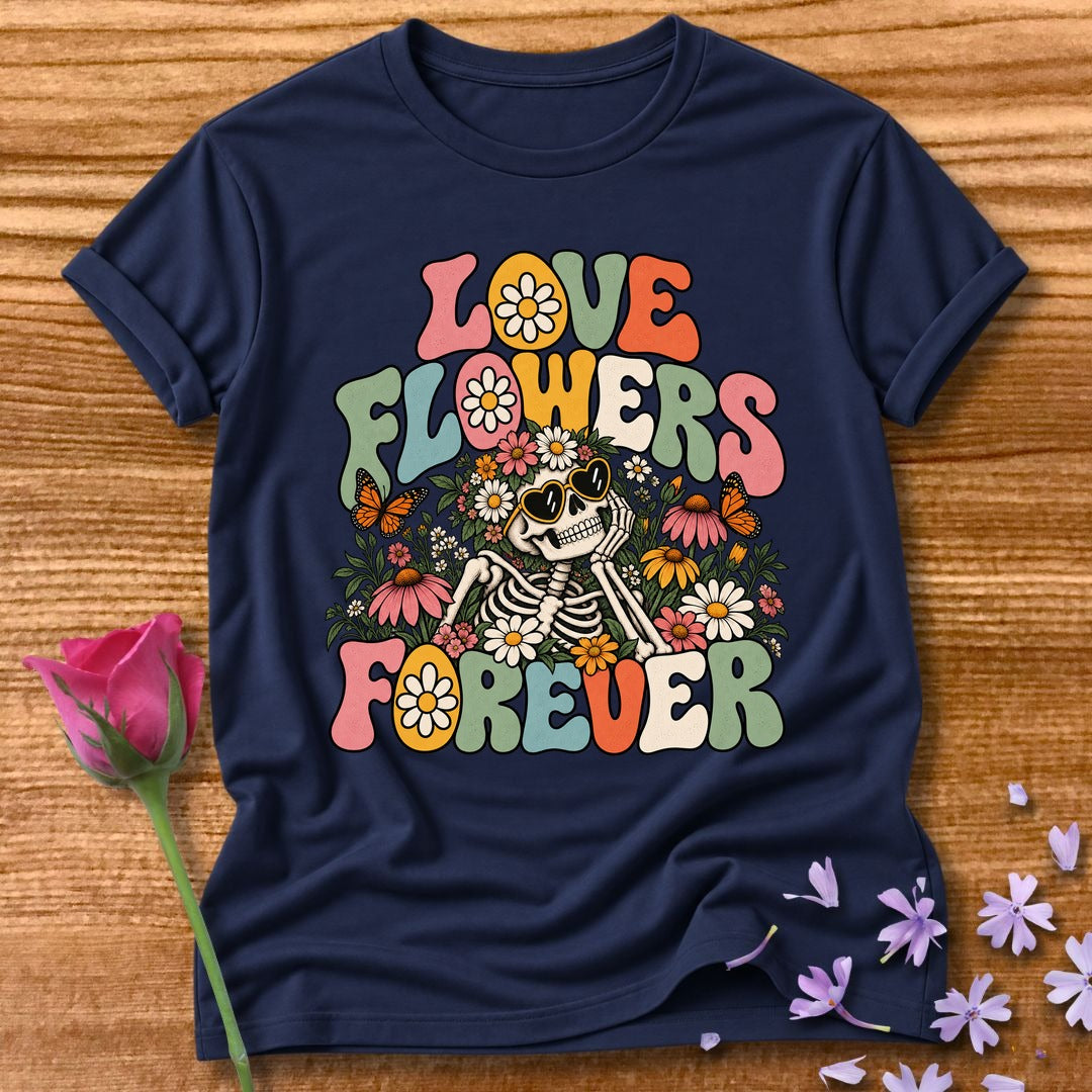 Love Flowers Forever — Retro Groovy Skeleton T-Shirt for Women in Navy