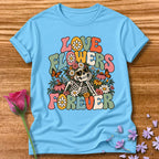 Love Flowers Forever — Retro Groovy Skeleton T-Shirt for Women in Sky