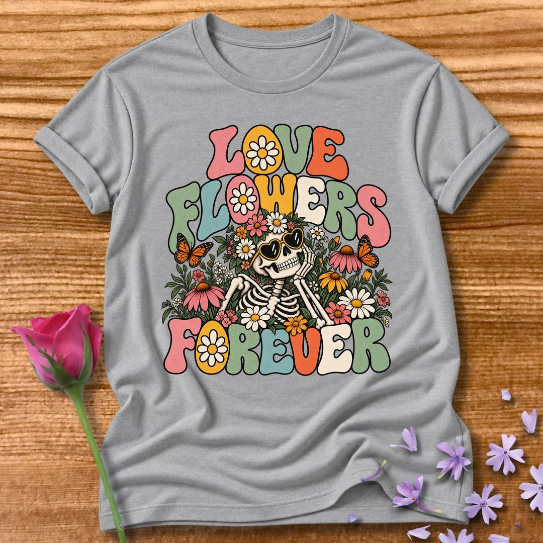 Love Flowers Forever — Retro Groovy Skeleton T-Shirt for Women in Sport Grey