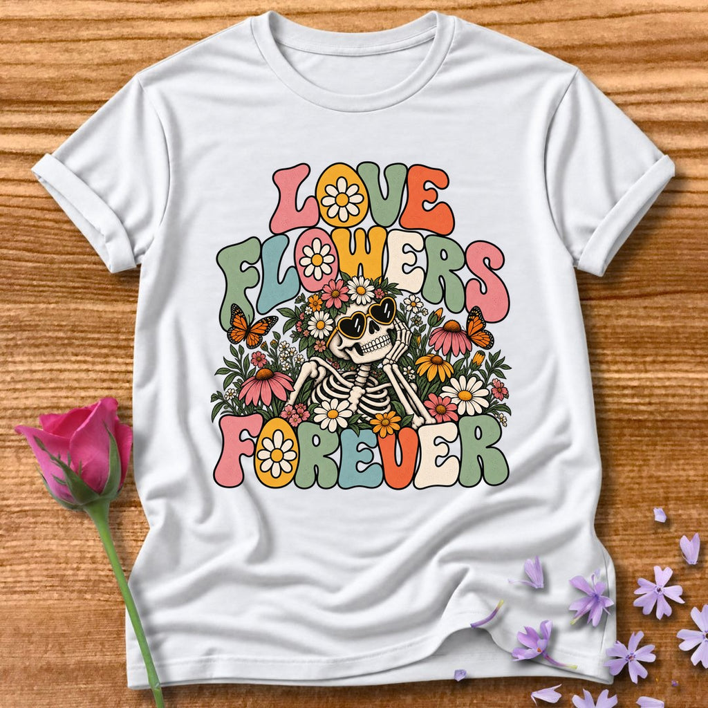 Love Flowers Forever — Retro Groovy Skeleton T-Shirt for Women in White