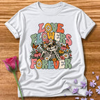 Love Flowers Forever — Retro Groovy Skeleton T-Shirt for Women in White