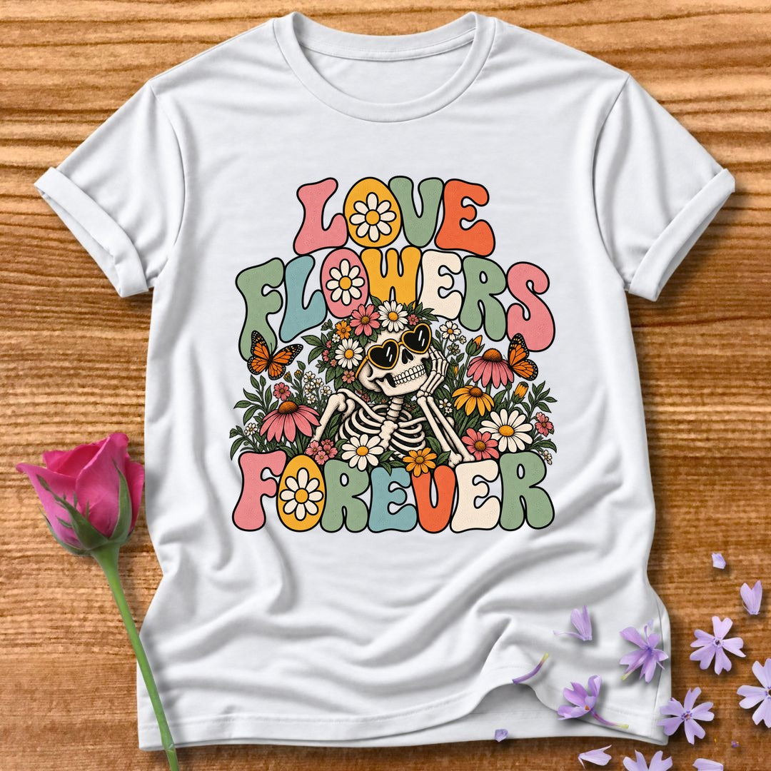 Love Flowers Forever — Retro Groovy Skeleton T-Shirt for Women in White
